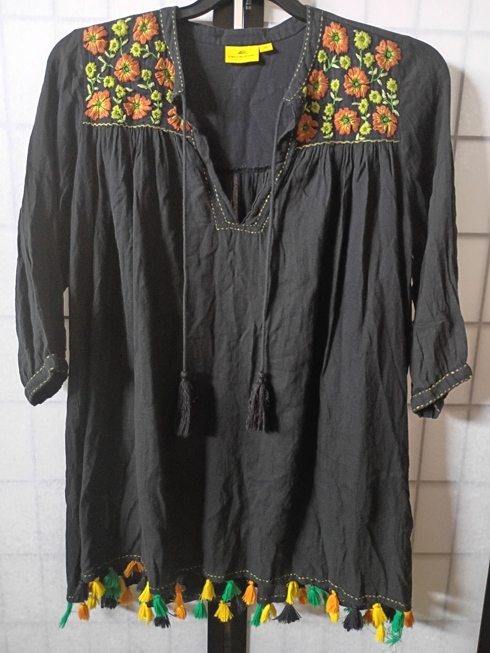 Roberta Roller Rabbit Embroidered Boho Tunic with Floral Yoke & Tassel Hem